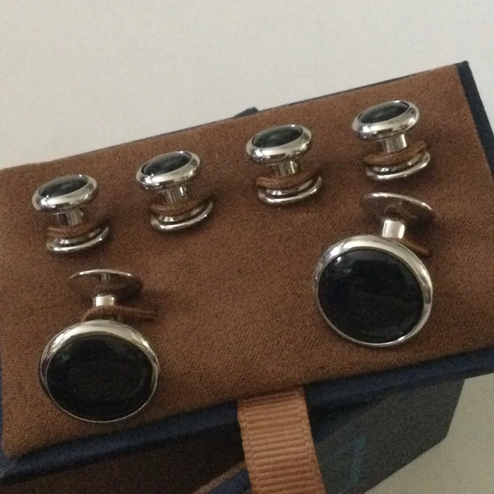 DAVID DONAHUE CUFF LINKS AND STUD SET SILVER BLACK ONYX NWT
